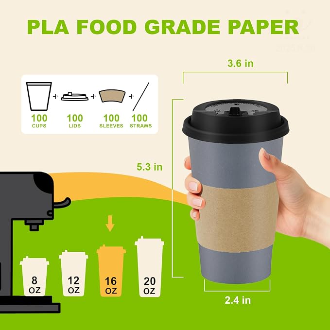 100 Pack 16 oz Disposable Coffee Cups