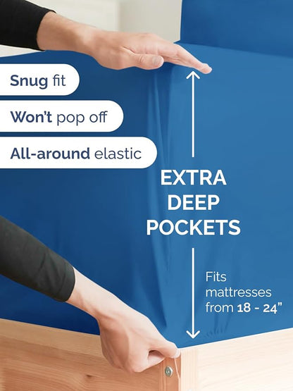 Extra Deep Cal King Fitted Sheet - Hotel Luxury Single Fitted Sheet Only - Easily Fits 18 inch to 24 inch Mattress - Ultra Soft, Wrinkle Free with Extra Deep Pockets - Breathable & Comfy - Royal Blue