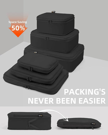 6 Set Compression Packing Cubes for Travel, Large Medium Small Luggage Organizers, Storage Bags for Clothes (6 Pack, Pure Black)