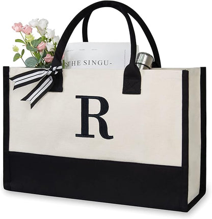 TOPDesign Embroidery Initial Canvas Tote Bag, Personalized Present Bag, Suitable for Wedding, Birthday, Beach, Holiday, is a Great Gift for Women, Mom, Teachers, Friends, Bridesmaids (Letter R)