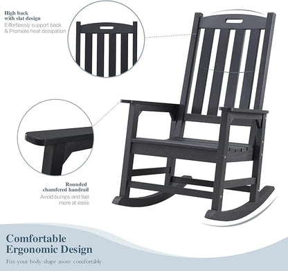 Psilvam Oversized Outdoor Rocking Chair, with 21" Wide Seat and 32" Tall Backrest, Pre-Assembled with Most Components for Effortless Installation (Carbon Black)