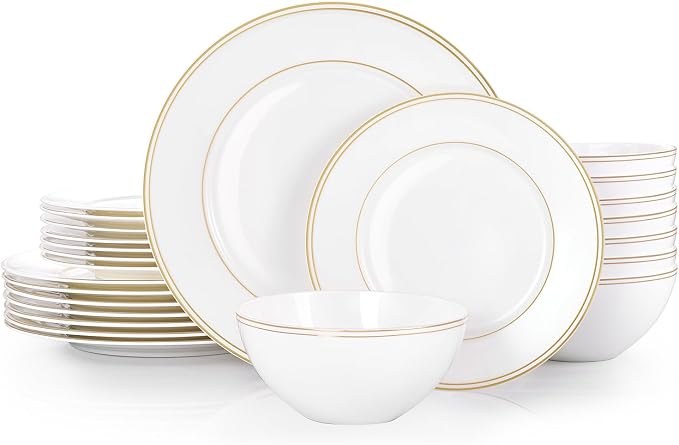 24Pcs Gold Trim White Bone China Set, Service