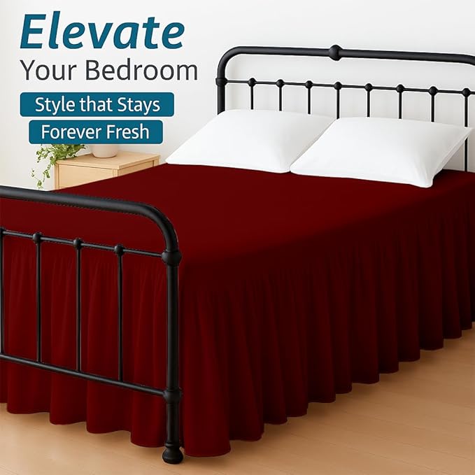 Shreem Linen Ruffled Bed Skirt with Split Corners, Gathered Style, 100% Microfiber, 16-Inch Drop, Dust Ruffle Bedskirt with Platform, Queen-XL, Burgundy