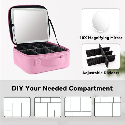Travel Makeup Bag with LED Mirror and 10x magnifying glass with 3 Lighted Settings, Adjustable Dividers and Makeup Brush Storage Bag Dark Pink
