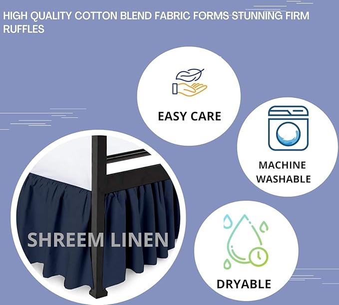 Shreem Linen Ruffled Bed Skirt with Split Corners, Gathered Style, 100% Microfiber, 28-Inch Drop, Dust Ruffle Bedskirt with Platform, Twin-XXL, Navy Blue