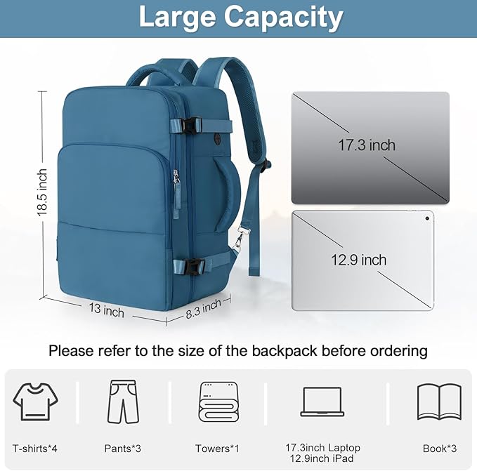 Travel Backpack, Carry on Flight Approved Backpack with Multi-Pockets, TSA Waterproof 17.3inch Laptop Backpack, Personal Item Travel Bag for Men Women, Deep Blue