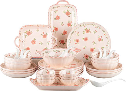 Ceramic Dinnerware Set, Floral Plates and Bowls Sets, Microwave & Dishwasher