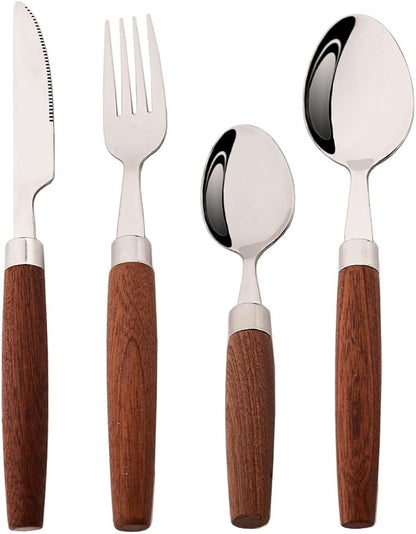 4-Piece Wooden Handle Silverware Set, BRIIEC 304 Stainless Steel Flatware Set
