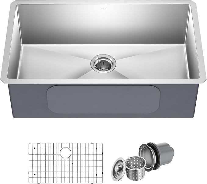 Kraus KHU100-32 Standart PRO 16 Gauge Undermount Single Bowl Stainless Steel Kitchen Sink, 32 Inch
