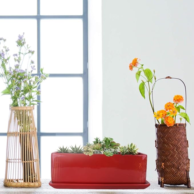 Vencer 12 Inch Rectangular Modern Minimalist Ceramic Succulent Planter Pot