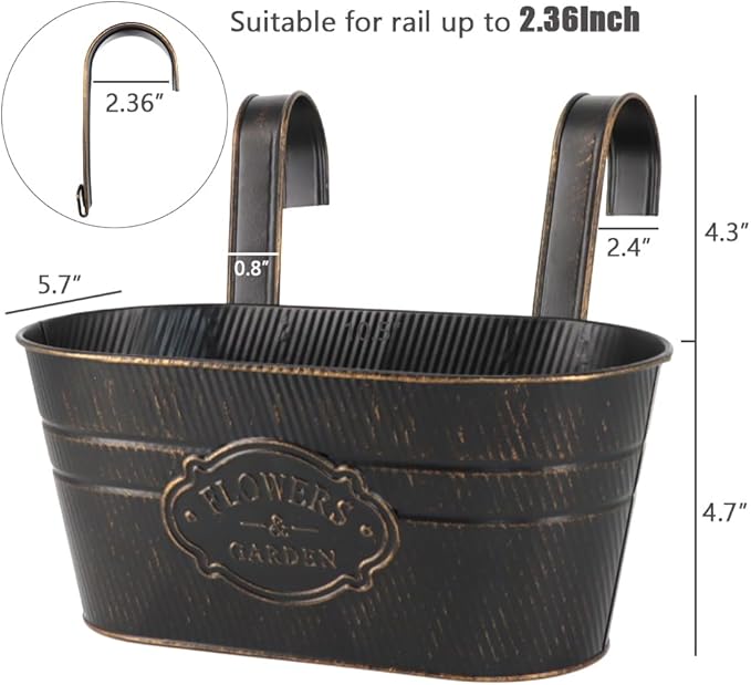 3 Pack Metal Railing Planters, 10.5" Oval Hanging Flower Pots