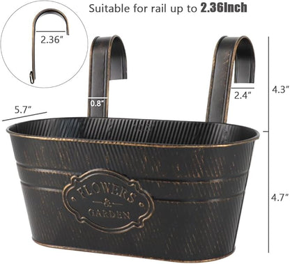 3 Pack Metal Railing Planters, 10.5" Oval Hanging Flower Pots