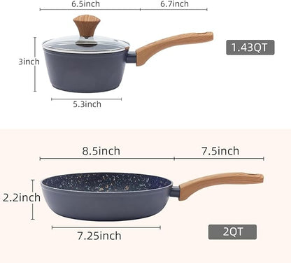 Nonstick Cookware Set, 2-Piece Non-Toxic Coated 8.5 Inch Frying Pan & Saucepan with Lid, PFOA Free Dishwasher Safe, Induction Compatible, Beginner Kitchen Pots and Pans Set, Black