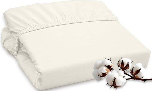 ROYALE LINENS 300 Thread Count 100% Long Staple Combed Cotton Fitted Sheet Twin XL - Super Soft Deep Pocket Bottom Sheet - Fitted Sheets Only - Elastic Sheets (Twin XL, Cream)