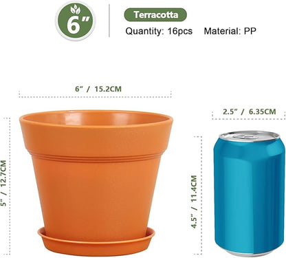 6 inch Plastic Nursery Pots, 16 Pack Plant Pots