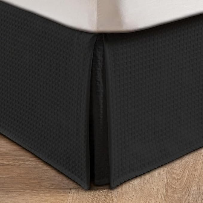 MIYE Pleated Waffle Weave Bed Skirt, Tailored Dust Ruffle 18 Inch Drop Easy Fit, Machine Washable (Black, Queen - 18" Drop)