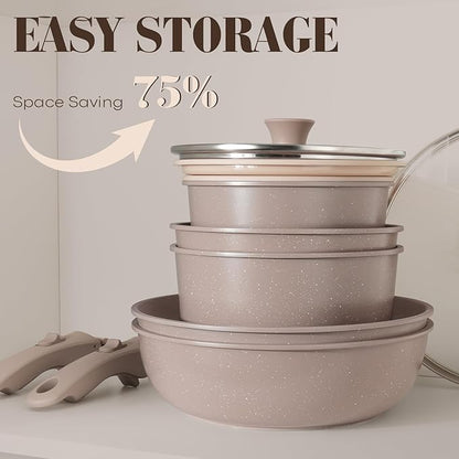 15Pcs Pots and Pans Set Non Stick, Cookware Sets with Detachable Handle, Nonstick RV Kitchen Cooking Tools Removable Handles, Oven Safe, Induction Fast, Stackable Induction Cookware, Brown