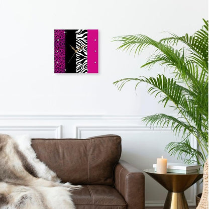 Janna Salak Designs DPP_35436_1 Pink Black and White Animal Print Leopard and Zebra Wall Clock, 10 by 10-Inch