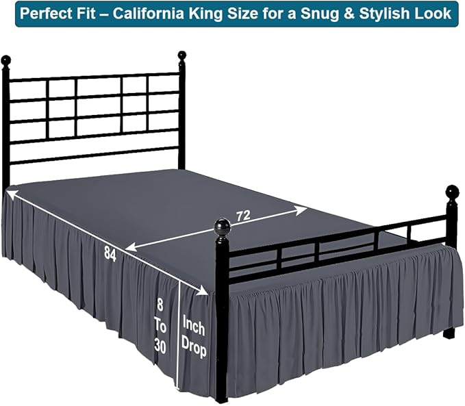 Shreem Linen Ruffled Bed Skirt with Split Corners, Gathered Style, 100% Microfiber, 28-Inch Drop, Dust Ruffle Bedskirt with Platform, Cal-King, Dark Grey