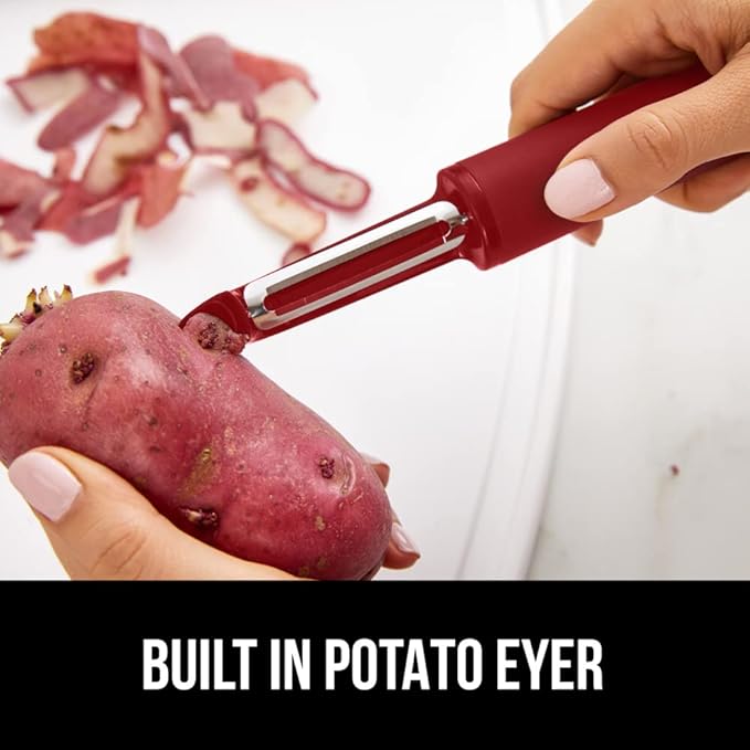 GORILLA GRIP Patented BPA-Free Sharp Stainless Steel Dual Swivel Vegetable Peeler, Soft Comfortable Handle, Smoothly Peel Apples, Potatoes, Carrots, Includes Blade Cover, Kitchen Tool Peelers, Red