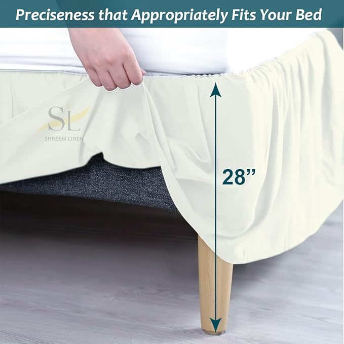 Shreem Linen Ruffled Bed Skirt with Split Corners, Gathered Style, 100% Microfiber, 28-Inch Drop, Dust Ruffle Bedskirt with Platform, RV King, Ivory