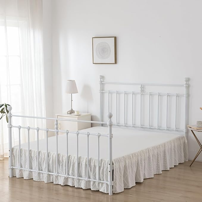 Bed Skirt Full Size Ruffled Bed Skirt with Split Corners, 18 Inch Drop Dust Ruffle Bed Skirts with Platform, Boho Tufted Shabby Chic Full Size Bed Skirts, Ivory