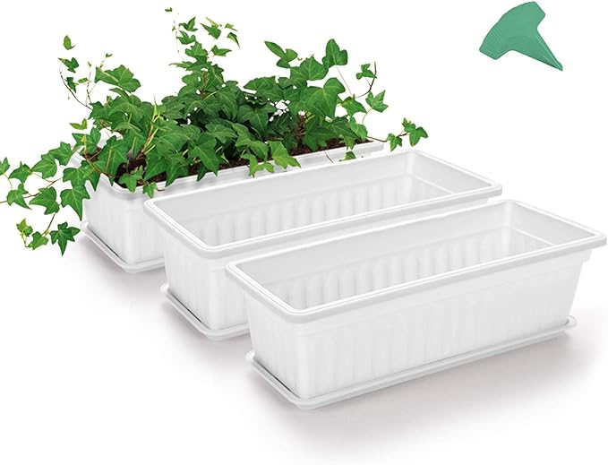 GROWNEER 3 Packs 17 Inches White Flower Window Box Plastic Vegetable Planters