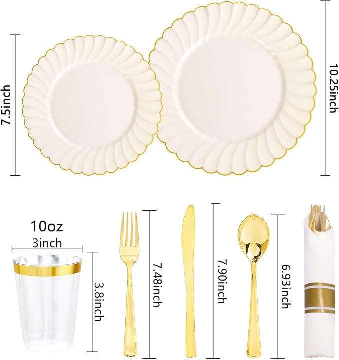 YOUBET 350PCS Ivory Scalloped Plastic Plates