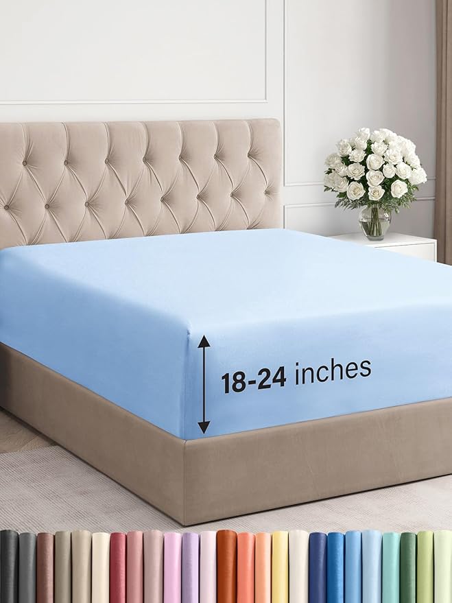 Extra Deep Queen Fitted Sheet - Hotel Luxury Single Fitted Sheet Only - Easily Fits 18 inch to 24 inch Mattress - Ultra Soft, Wrinkle & Fade Free w/Extra Deep Pocket - Breathable & Comfy - Light Blue
