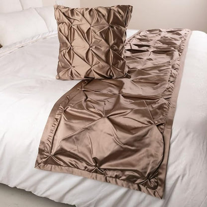 The HomeCentric Beige Bed Runner, King Size 90"x18" Decorative Bed Runner with Matching Pillow Cover, Beige Satin Bed Scarf in Pintucks - Satin Ballet Swirl