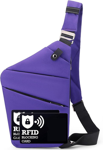 Anti Theft Crossbody Bags for Women Men, Multi-Pocket Shoulder Bag, Slim Sling Purse with 2 RFID Blocking Card (Right Shoulder-Viola)