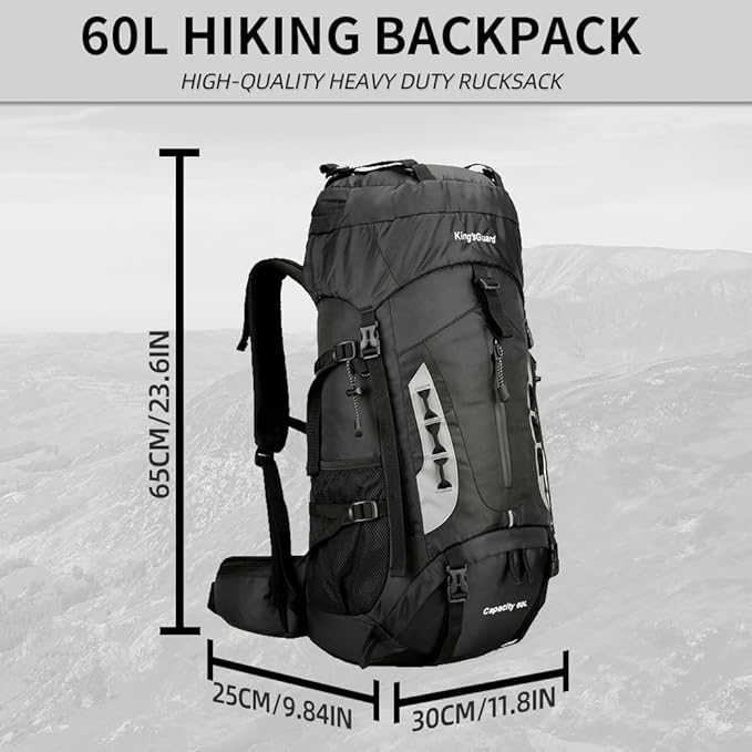 King'sGuard 60L Hiking Backpack Lightweight Camping Backpack with Rain Cover Large Waterproof Packable Outdoor Trekking Travel Backpack for Men Women (Black)