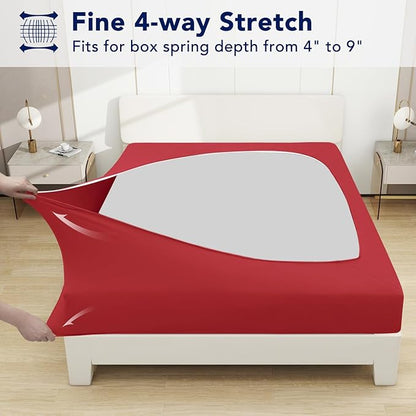 PureFit Stretchy Box Spring Cover Full - Elastic Fitted Box Spring Wrap Around 4 Sides, Wrinkle & Fading Resistant Fits Full Size Beds, Red