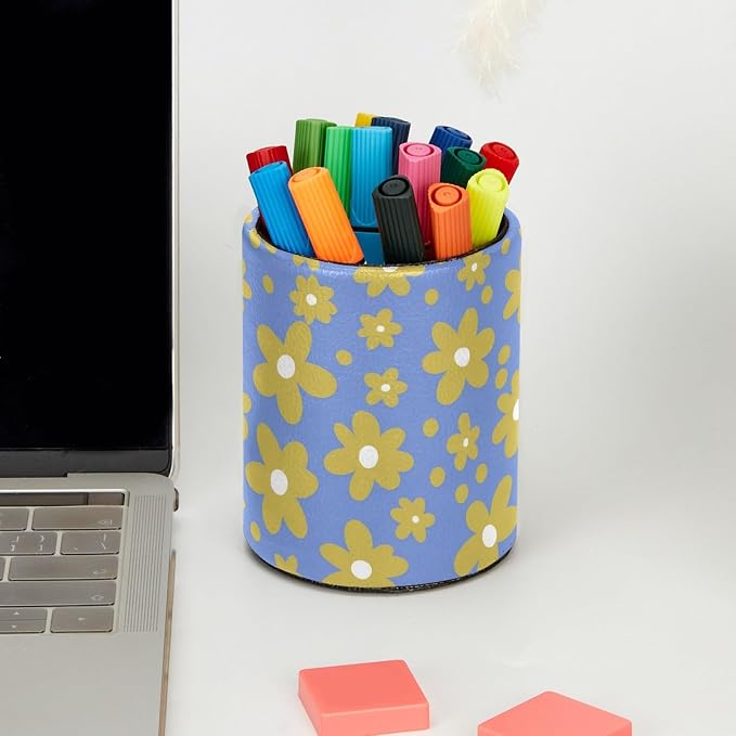 Yellow Flowers Leather Pen Holder