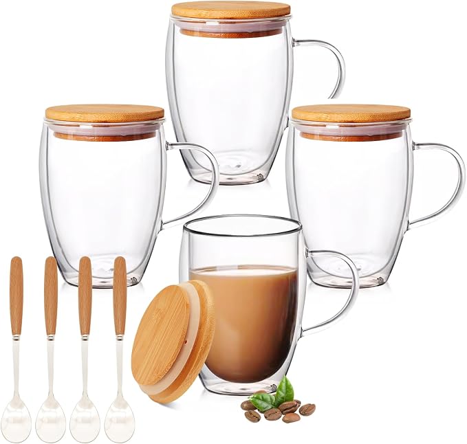 4 Pack 12oz Double Walled Glass Coffee Mugs