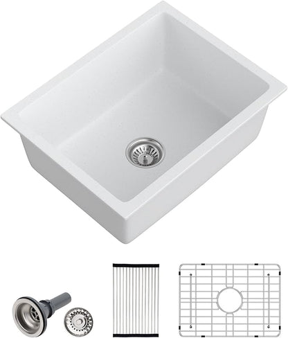 Dcolora 22 Inch Undermount Wet Bar Sink Single Bowl Modern Kitchen Sink White Granite Composite Deep Prep Small Sinks 22"×17"×9",DC-GUW003