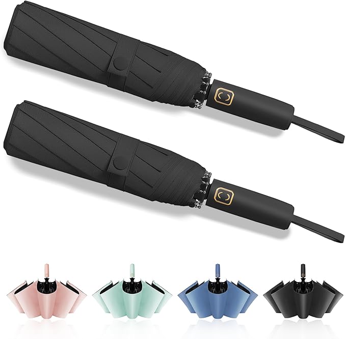 2-Pack Windproof, Waterproof, UV-Blocking Portable Travel Umbrella, Compact Sun & Rain Folding Umbrella, Double Rib Structure, Large Auto Open and Close Car Umbrella