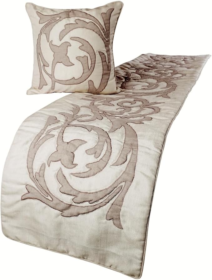 The HomeCentric Decorative Ivory & Beige Twin 53 x 18 inch Bed Runner Without Pillow Cover, Linen Lurex Applique Bed Scarf, Abstract Modern - Pretty Dainty