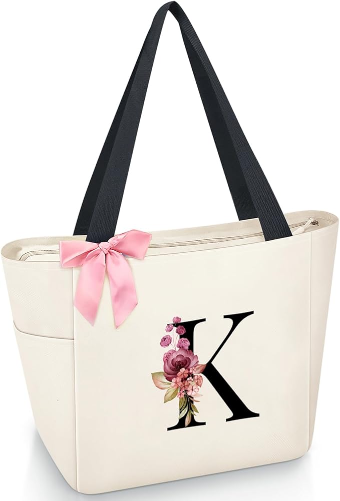 Vavabox Tote Bag, A-Z Initial Monogrammed Waterproof Tote Bag, Bridesmaid Gifts for Women, Black and Pink