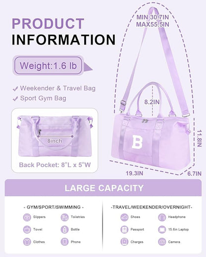 Daughter Niece Gifts for Teen Girl Kids, Initial Travel Duffel Bag Sports Gym Bag Personalized Gifts Weekender Bag，Monogram Overnight Bag Cute Dance Bag Birthday Bridesmaid Gifts for Women(Purple, B)