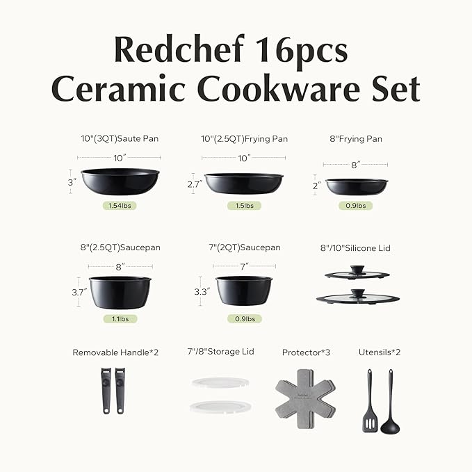 Redchef 16pcs Ceramic Pots and Pans Set Non Stick, Nonstick Kitchen Cookware Set with Detachable Handle, Non Toxic, PFAS PFOA & PTFE Free, RV Cookware Set for Camping, Dishwasher/Oven Safe (Black)
