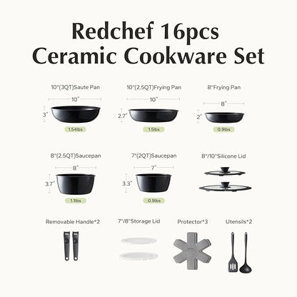 Redchef 16pcs Ceramic Pots and Pans Set Non Stick, Nonstick Kitchen Cookware Set with Detachable Handle, Non Toxic, PFAS PFOA & PTFE Free, RV Cookware Set for Camping, Dishwasher/Oven Safe (Black)