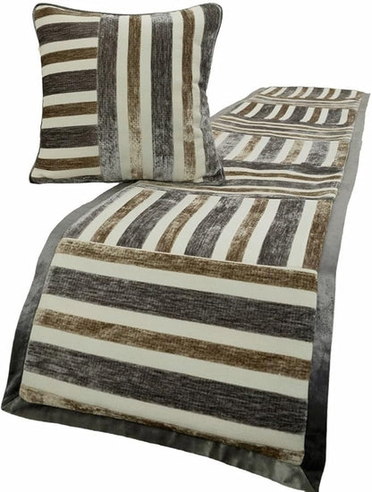 The HomeCentric King/Queen/Twin Beige & Grey Designer King 90"x18" Bed Runner Without Pillow Cover, Patchwork Bed Scarf on Velvet Fabric - Striation