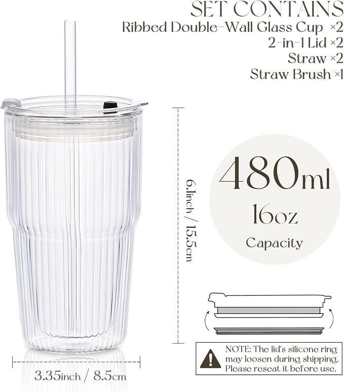 KEMORELA 16oz Ribbed Double Wall Glass Cups