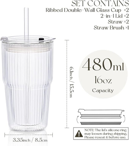 KEMORELA 16oz Ribbed Double Wall Glass Cups