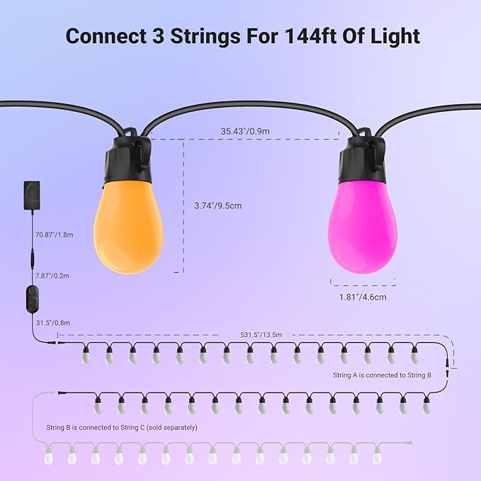 NEEWER 96ft Outdoor String Lights, App Control Smart AI RGBW Hanging Outside
