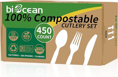 450 Counts Compostable Forks Spoons Knives Set Disposable Forks Utensils Heavy Duty Knives Silverware Eco Friendly Flatware for Party Camping Picnics White forks spoons and knives set