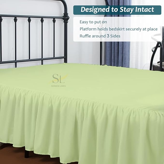 Shreem Linen Ruffled Bed Skirt with Split Corners, Gathered Style, 100% Microfiber, 28-Inch Drop, Dust Ruffle Bedskirt with Platform, Olympic Queen, Sage