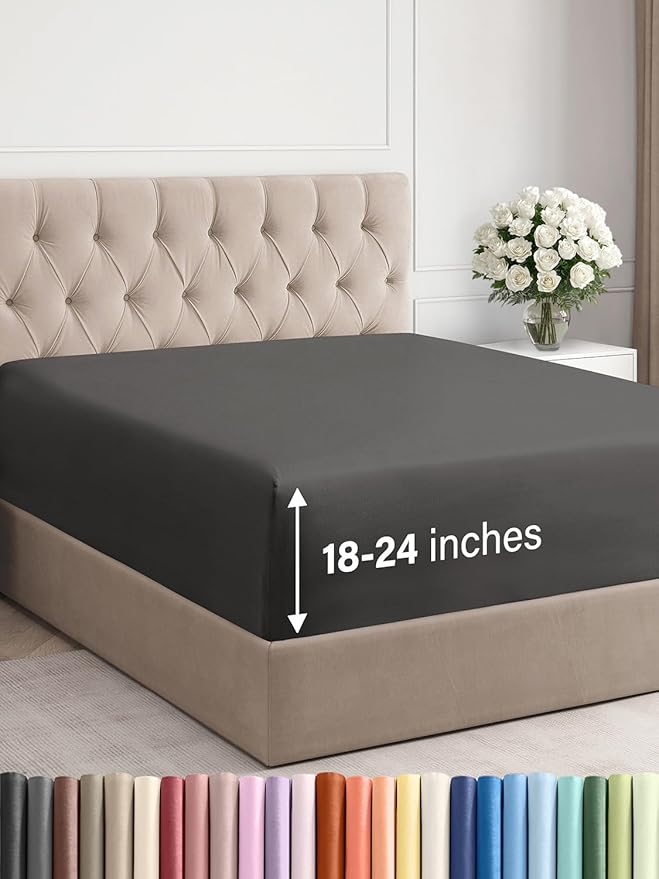 Extra Deep King Fitted Sheet - Hotel Luxury Single Fitted Sheet Only - Easily Fits 18 inch to 24 inch Mattress - Ultra Soft, Wrinkle & Fade Free w/Extra Deep Pockets - Breathable & Comfy - Charcoal