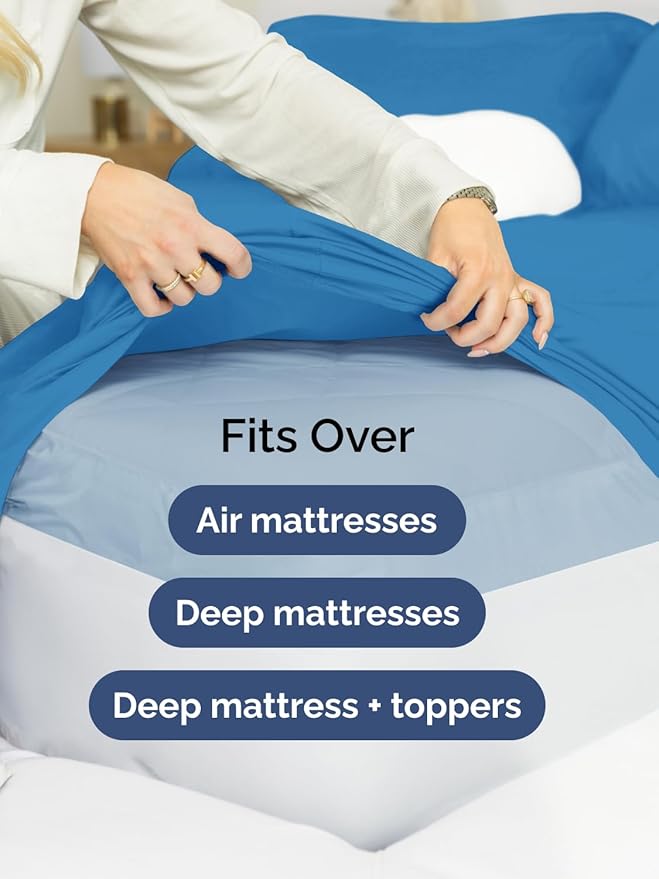 Extra Deep Twin Fitted Sheet - Hotel Luxury Single Fitted Sheet Only - Easily Fits 18 inch to 24 inch Mattress - Ultra Soft, Wrinkle & Fade Free w/Extra Deep Pockets - Breathable & Comfy - Denim Blue